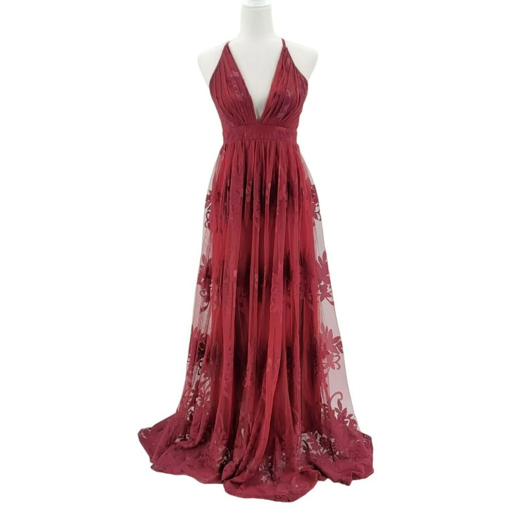 Luxxel Floral Lace Backless Sleeveless Maxi Maroon Dress Womens Small